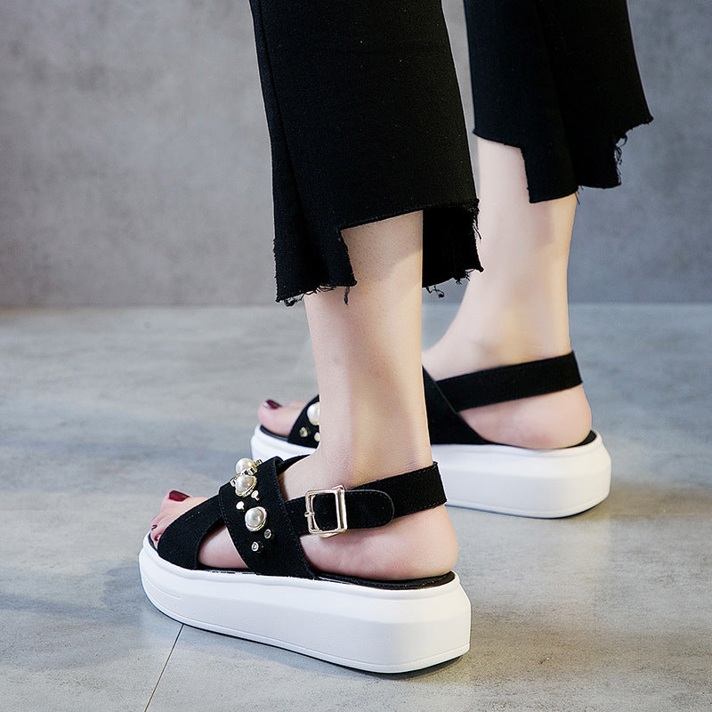 潮牌凉鞋女夏季2019新款厚底松糕鞋韩版百搭休闲珍珠鞋简约沙滩鞋