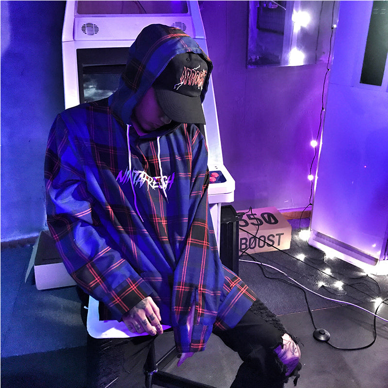 Mr fortyNFG高街刺绣情侣蓝红格子zico宋闵浩椰子连帽套头卫衣