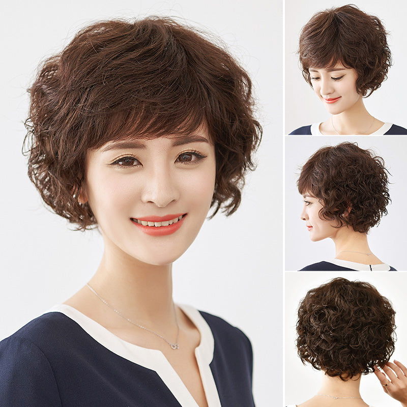 黛美丝假发女短发短卷发真人发丝中老年透气自然蓬松修脸妈妈发套